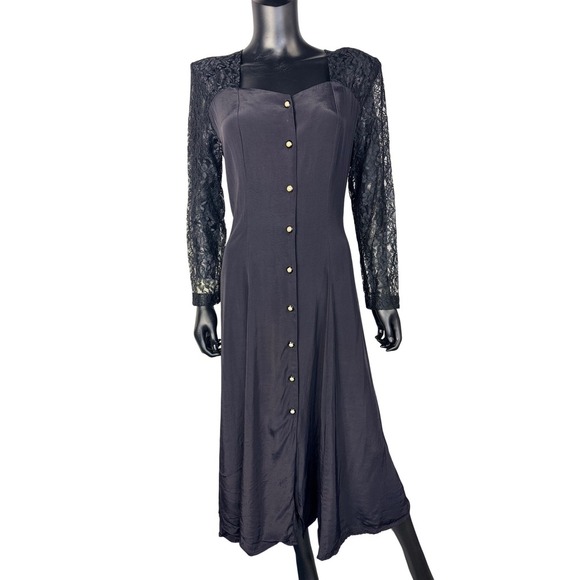 Jody California Vintage Black Dress Lace Long Sleeve Button Front Midi - Picture 1 of 12